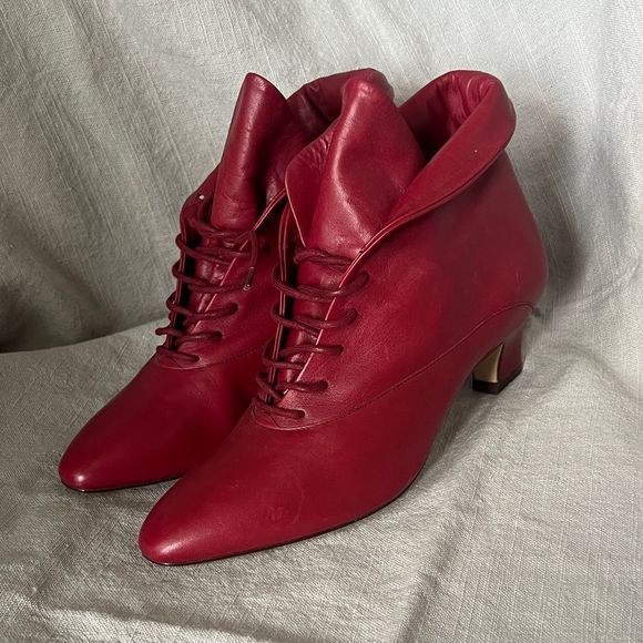Nine west red leather booties victorian pointed toe lace up pirate witch 6.5 / 7 - Picture 1 of 9